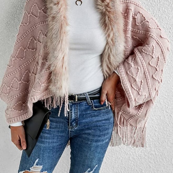 Womens Blush Pink Textured Fringed Faux Fur Trim Open Cardigan OSFM - Picture 5 of 5